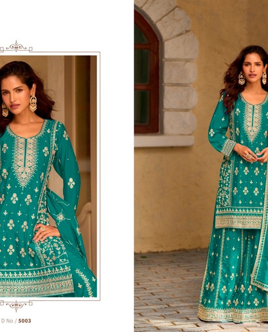 BLUE - Sea Green Chinon Readymade Salwar Suit with Embroidered, Sequins and Thread Work